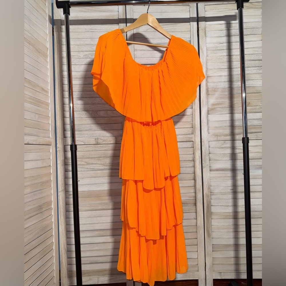 NWOT | Made In Italy | Neon Orange Ruffle Pleated Tiered Maxi Dress - Picture 1 of 4